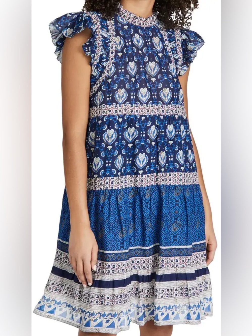 Sea New York Bridgette Border Midi Dress Blue Ruffle Sleeve Tiered 25246